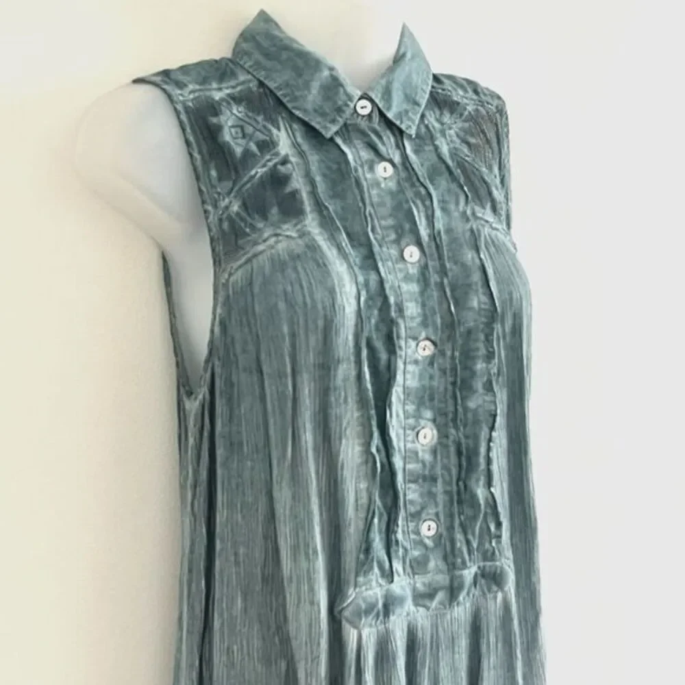 Free People Sleeveless Crinkle Cotton Tunic Top Size XS Teal Western Hippie Chic